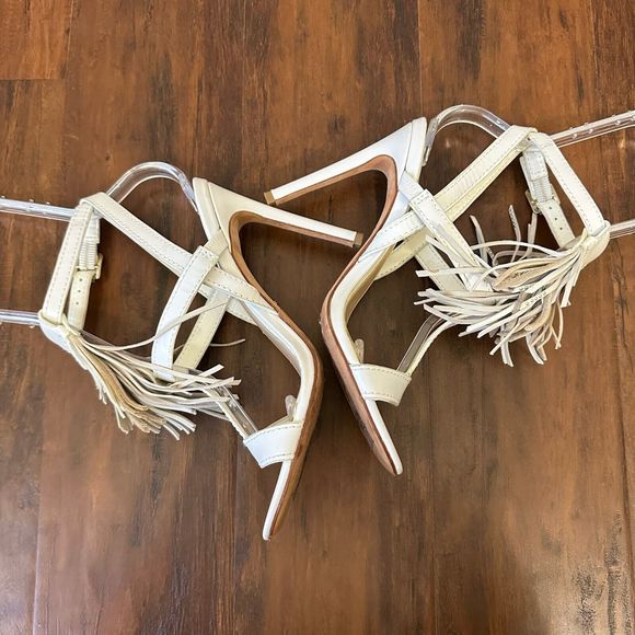 BRIAN ATWOOD Ankle Strap Heeled Sandals Fringes in White Leather - Picture 6 of 13